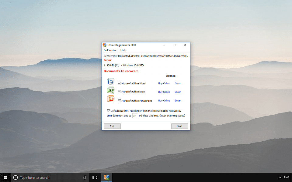 Screenshot of Office Regenerator software running on Windows 10.