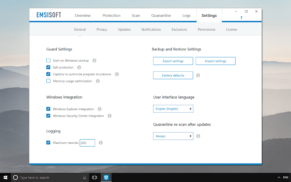 Screenshot of Emsisoft Internet Security software running on Windows 10.