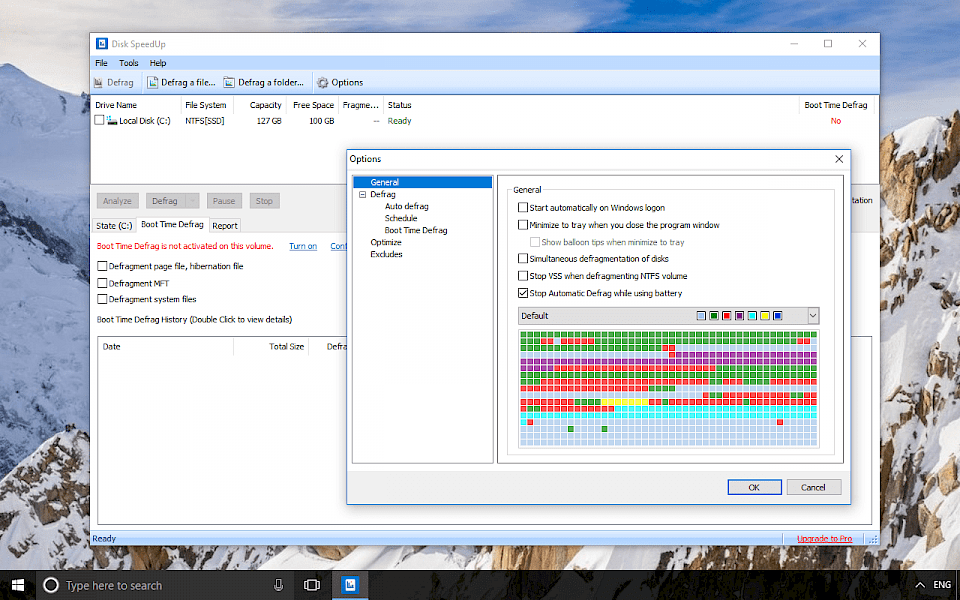 Screenshot of Disk SpeedUp software running on Windows 10.
