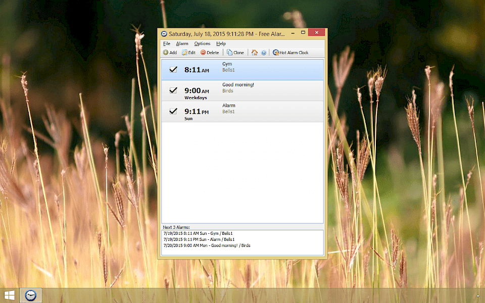 Screenshot of Free Alarm Clock software running on Windows 10.