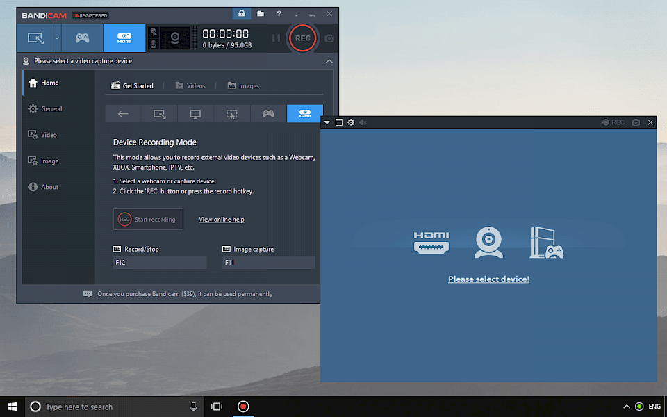Screenshot of Bandicam software running on Windows 10.