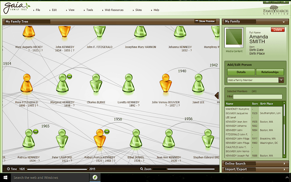 Screenshot of Gaia Family Tree software running on Windows 10.