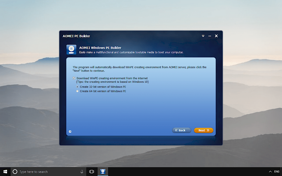 Screenshot of AOMEI PE Builder software running on Windows 10.