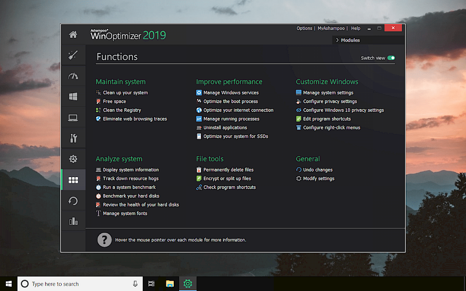 Ashampoo WinOptimizer 2019 all functions list
