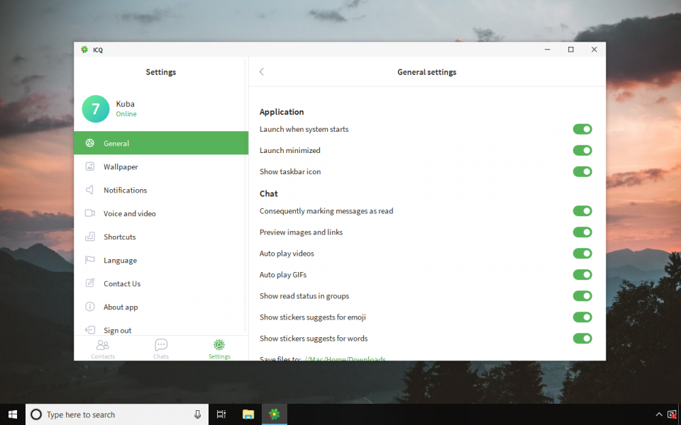 ICQ downloaded, and installed on Windows 10. Settings Window of ICQ app.