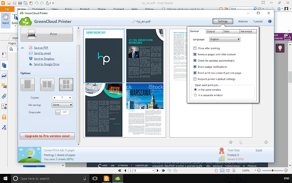 Screenshot of GreenCloud Printer software running on Windows 10.