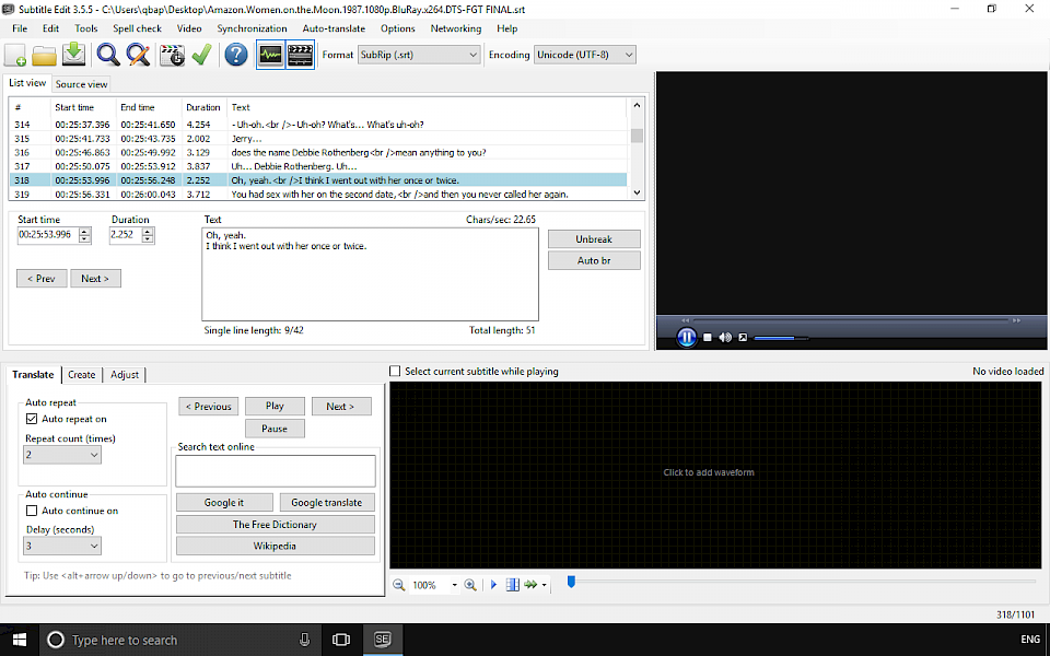 Screenshot of Subtitle Edit software running on Windows 10.