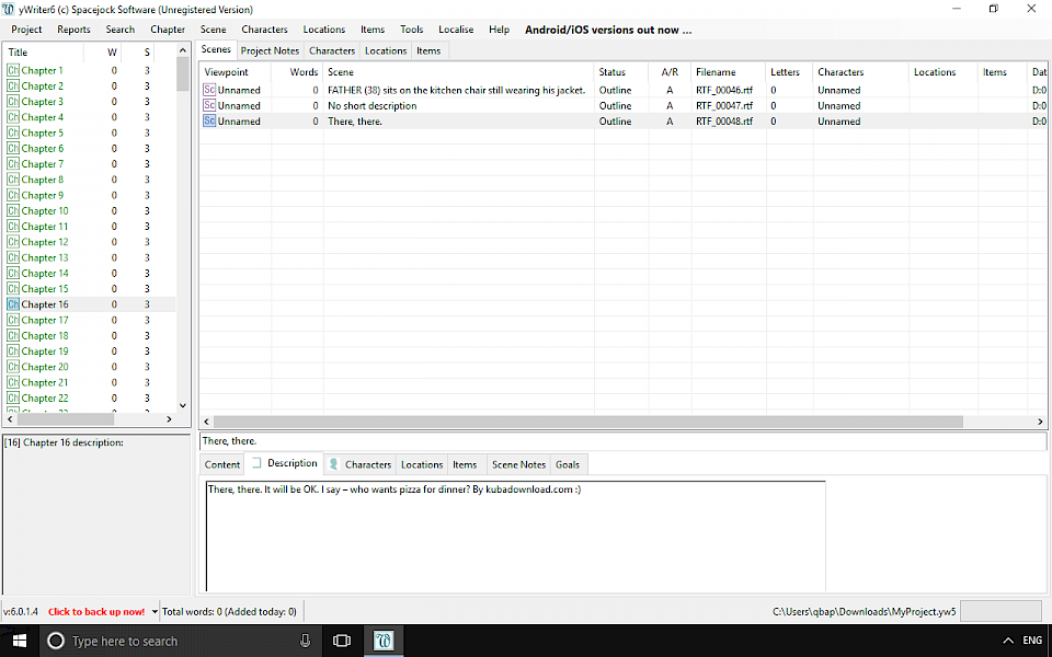 Screenshot of yWriter software running on Windows 10.