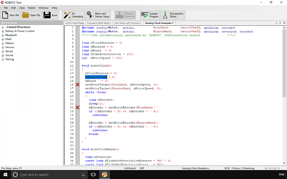 Screenshot of RobotC software running on Windows 10.
