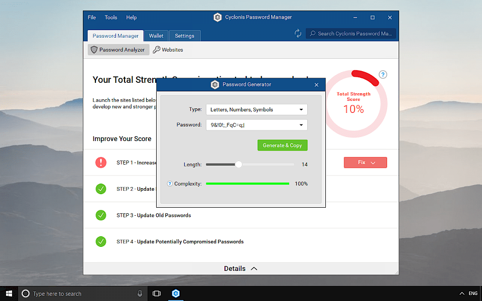 Screenshot of Cyclonis Password Manager software running on Windows 10.