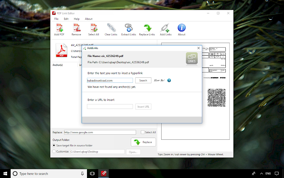 Screenshot of PDF Link Editor software running on Windows 10.