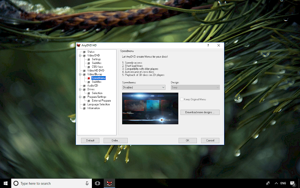 Screenshot of AnyDVD HD software running on Windows 10.