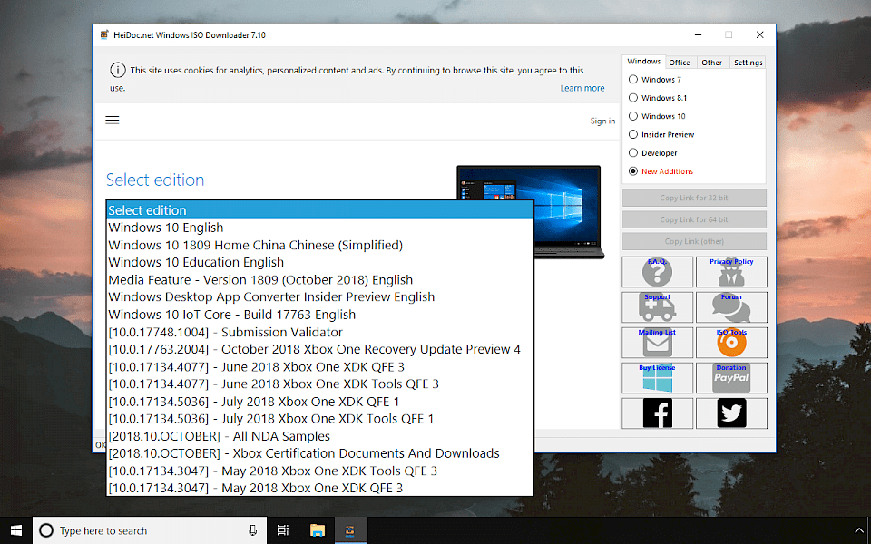 Windows ISO Download Tool running on Windows 10