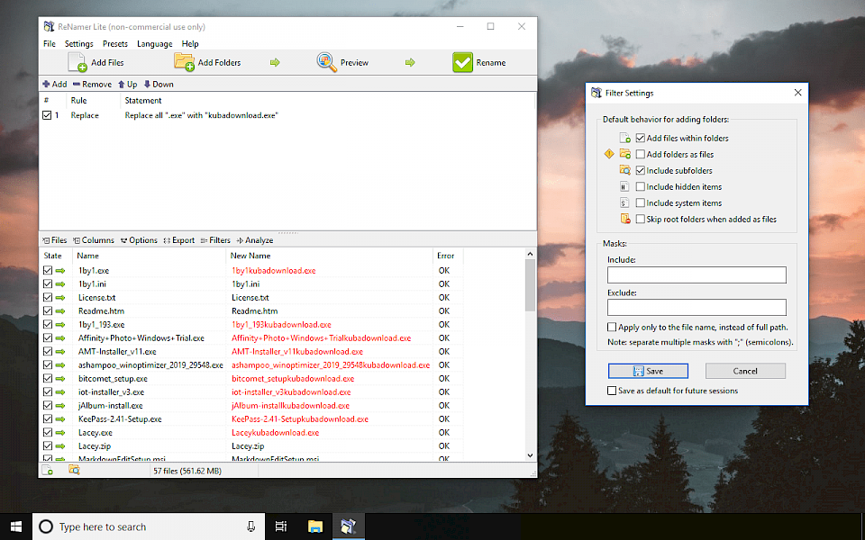 Filer Settings in ReNamer program for Windows