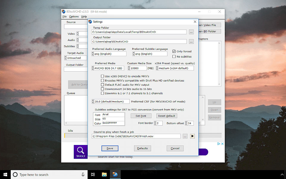 Settings from BDtoAVCHD 64-bit