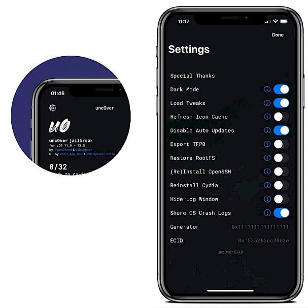 unc0ver jailbreak Settings