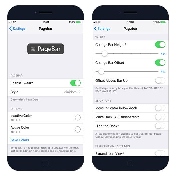 PageBar tweak settings