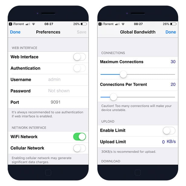 iTransmission Preferences and Global Bandwidth Settings