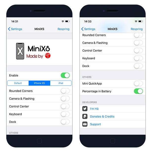 MiniXS Settings on iOS