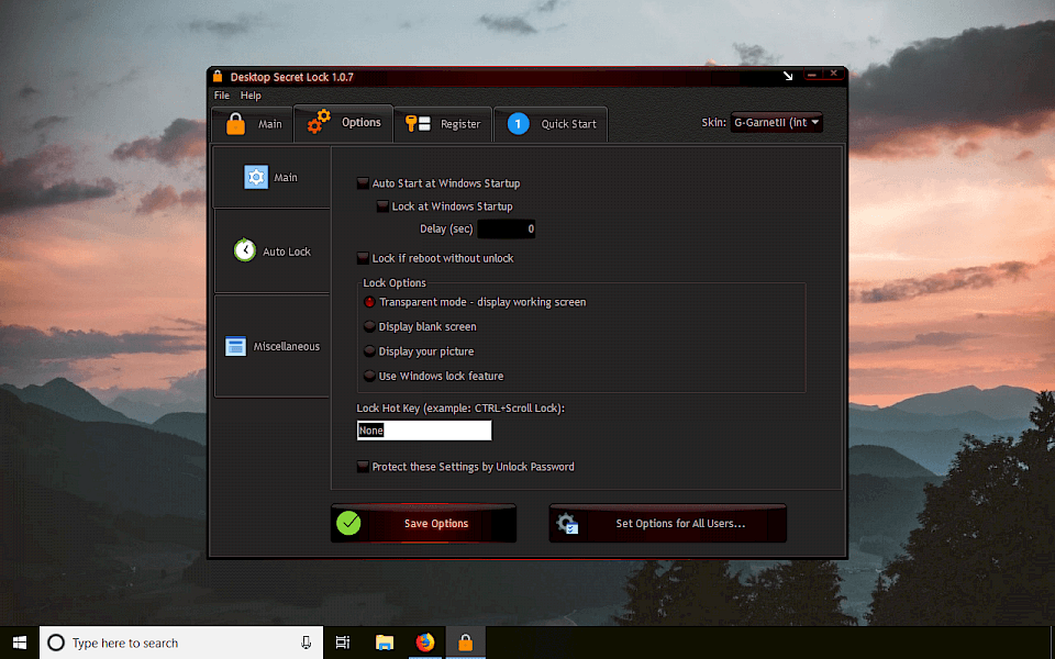 Desktop Secret Lock Options Window