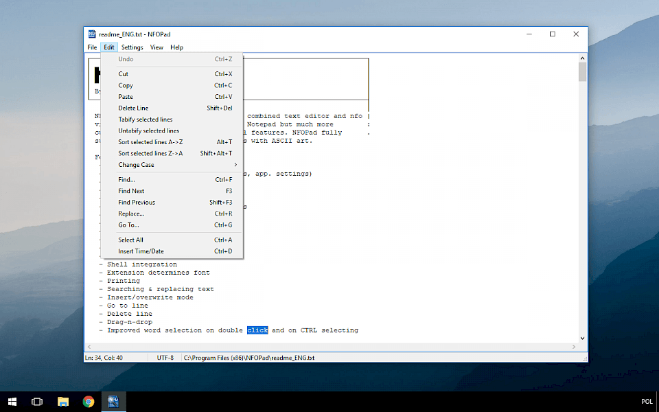 NFOPad Edit Menu on Windows 10