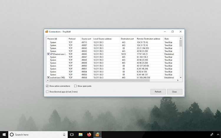 TinyWall Firewall connections