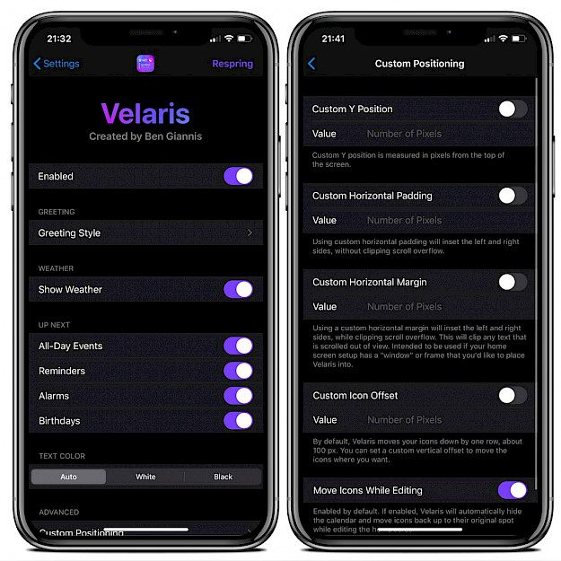 Velaris tweak settings