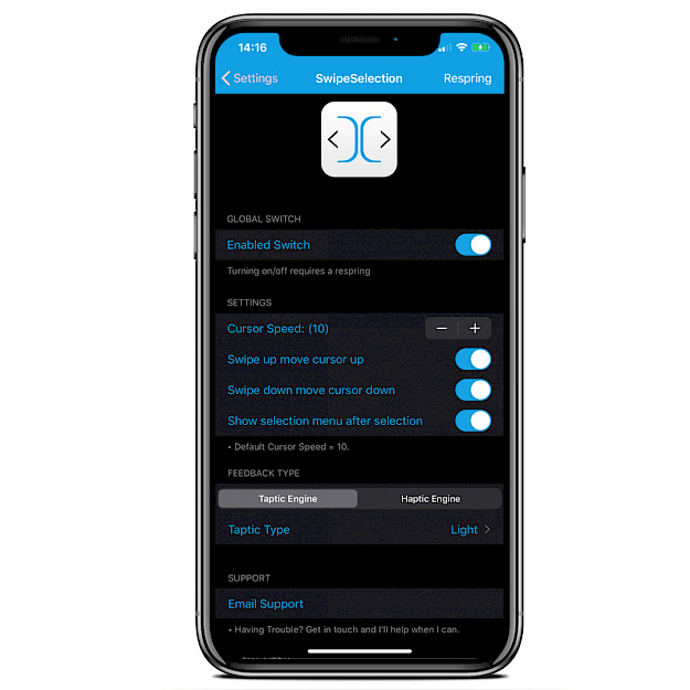 SwipeSelection Settings on iPhone