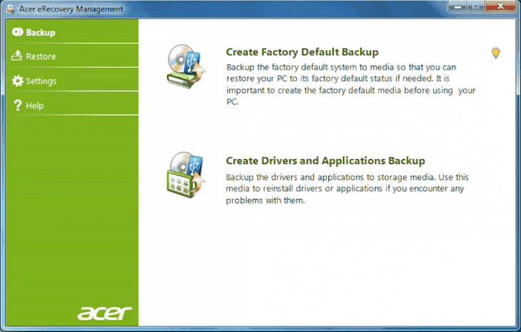 Acer eRecovery Management Software