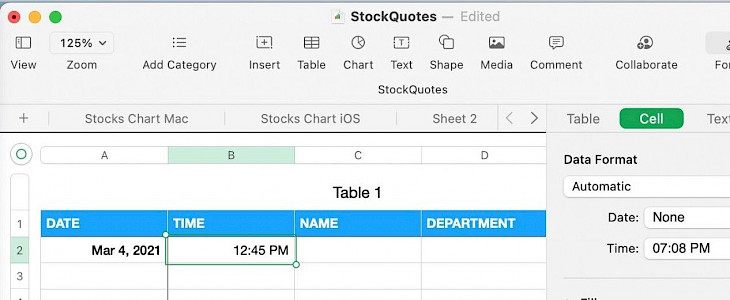 How to insert and format the current date and time in Numbers